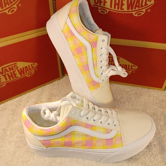 VANS Men's 6.5/Women's 8 Old Skool Stackform Platform Pastel Picnic Pink Plaid - Picture 6 of 13